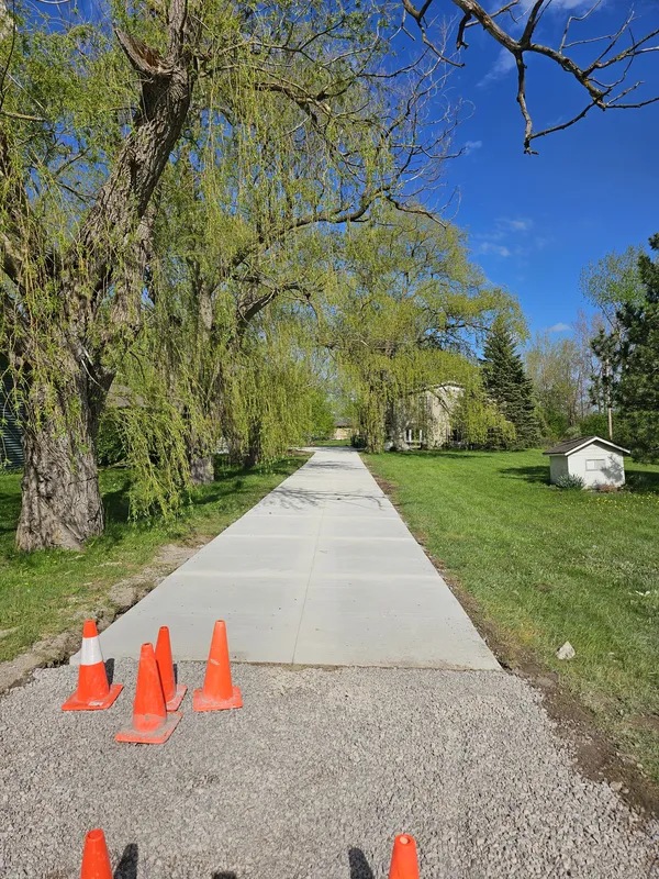 Concrete drive path lined with mature trees
