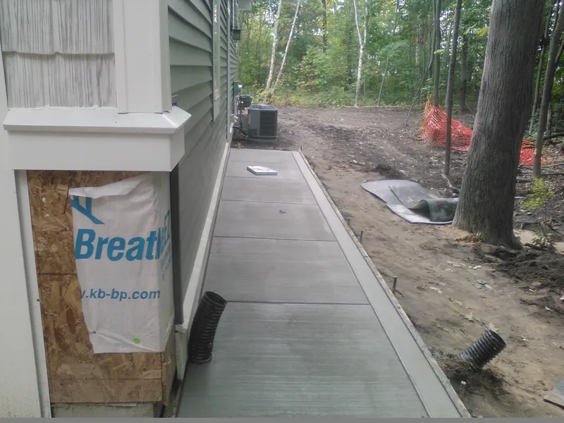 Concrete walkway along the side of a home on a wooded lot